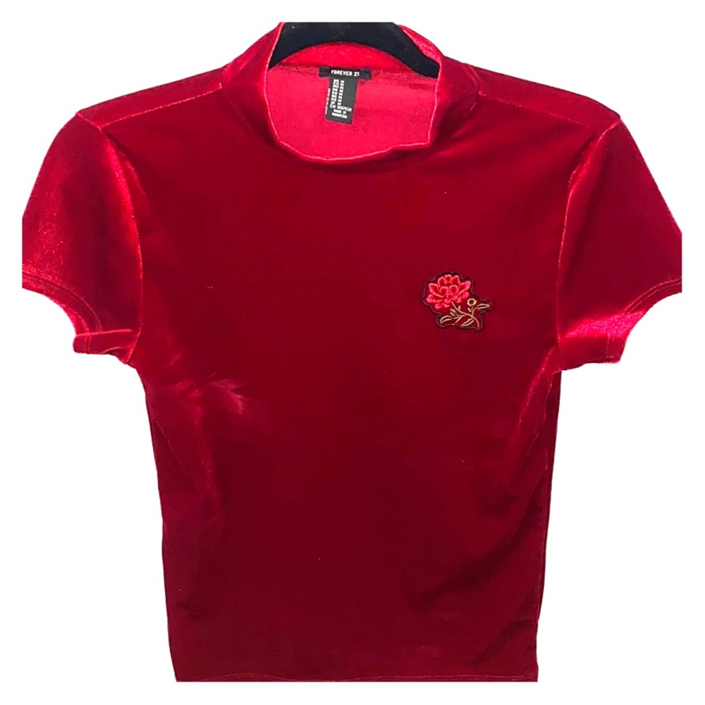 Velvet red top with flower patch
